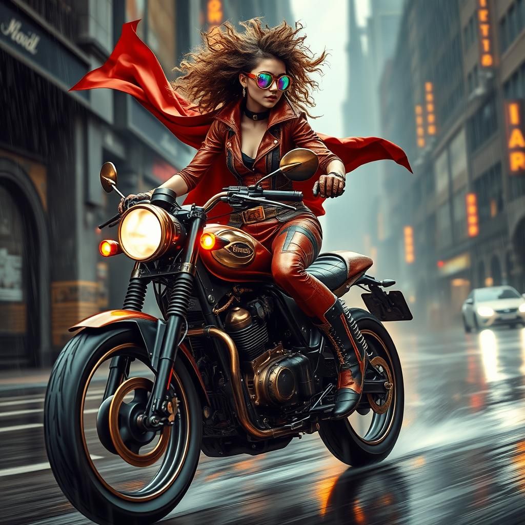 Steampunk Woman on Motorbike with LED Goggles