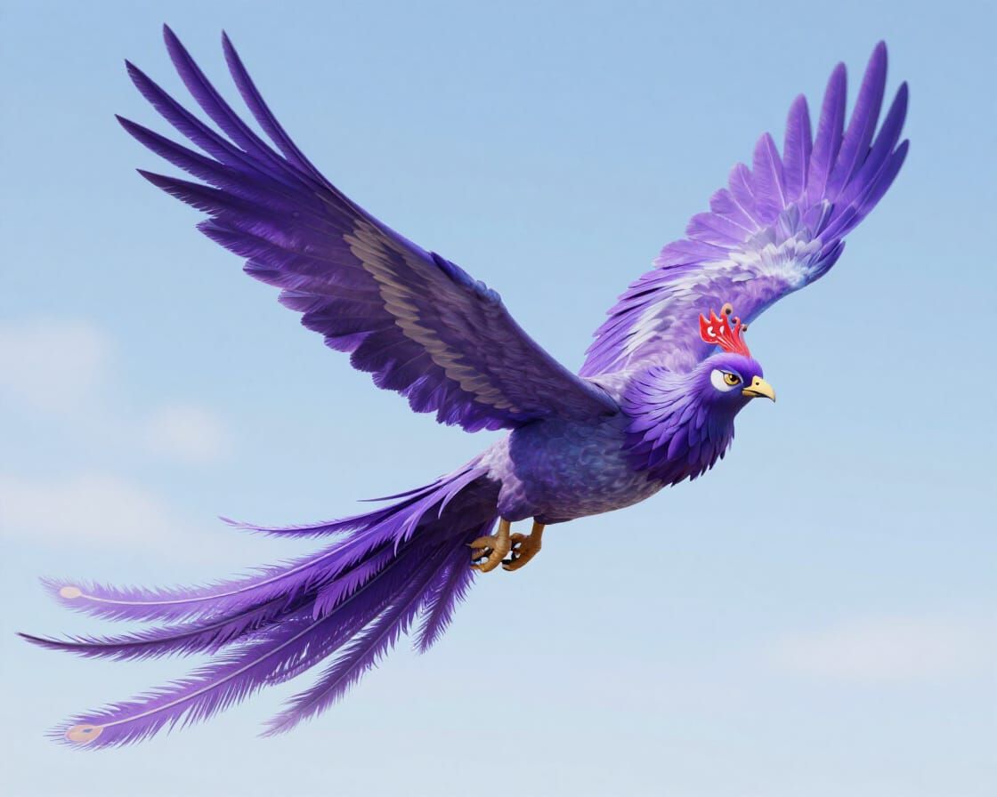 Violet Phoenix Soars Through Blue Sky