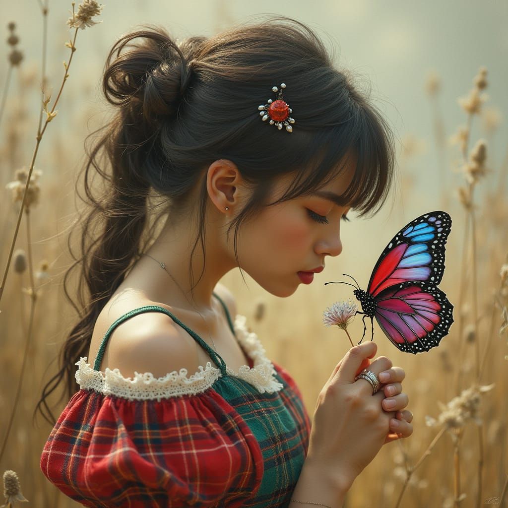 Ethereal Digicore Punk Goddess Amidst Vibrant Butterfly