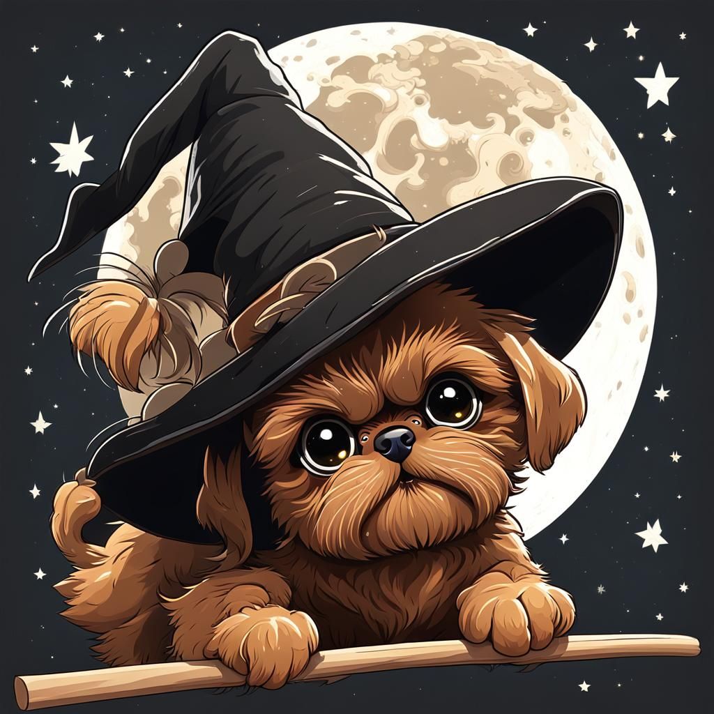 Whimsical Brussels Griffon Puppy Witch in Anime Style
