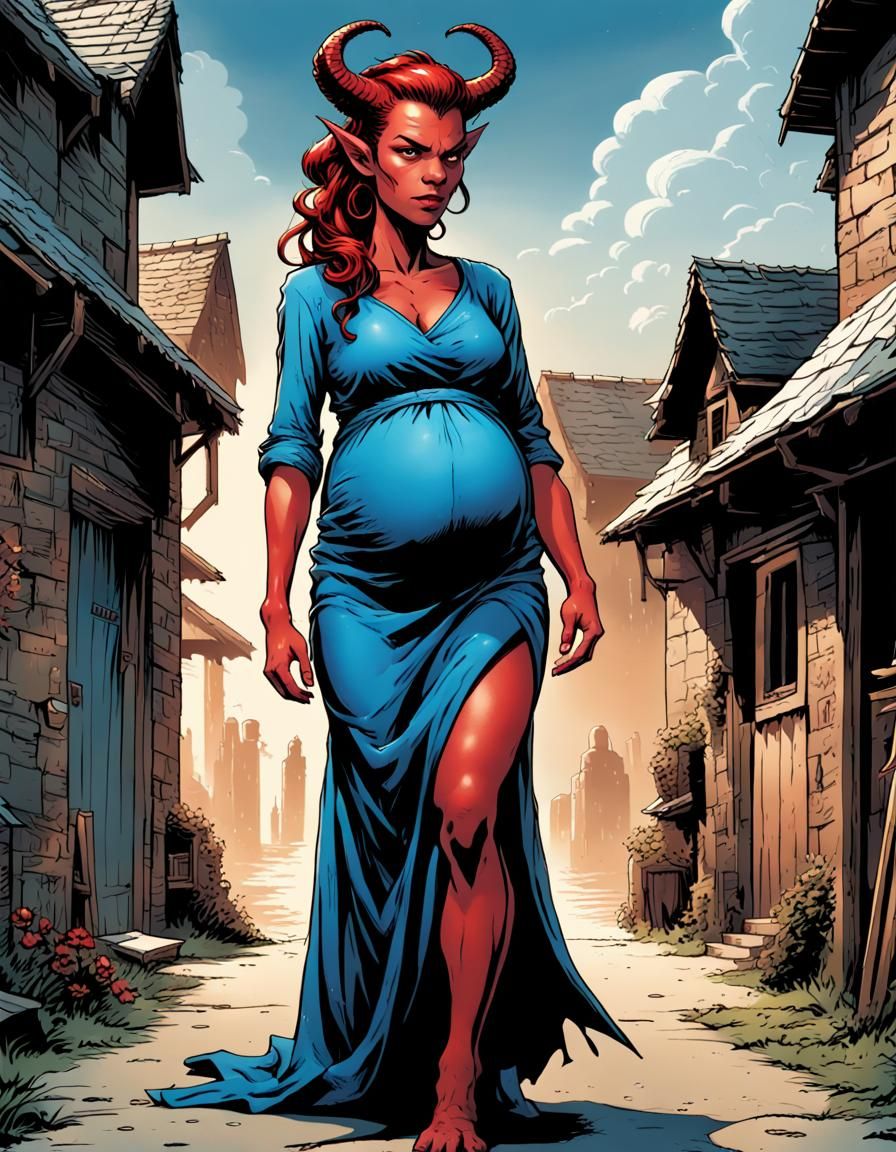 Pregnant Tiefling in Blue Dress: Comic Book Art