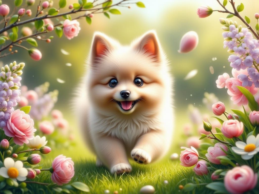 Whimsical Puppy in Springtime Garden