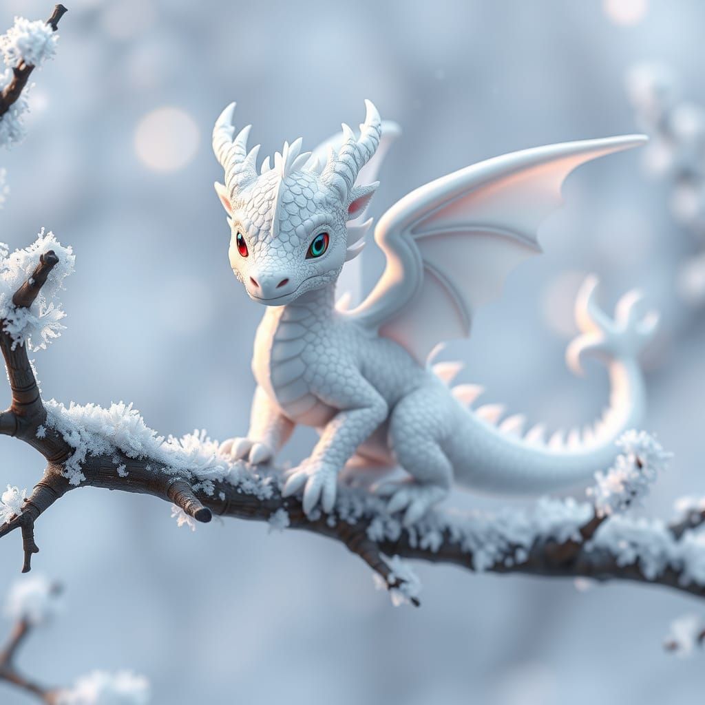 Serene White Dragon Perched on Frosty Winter Branch