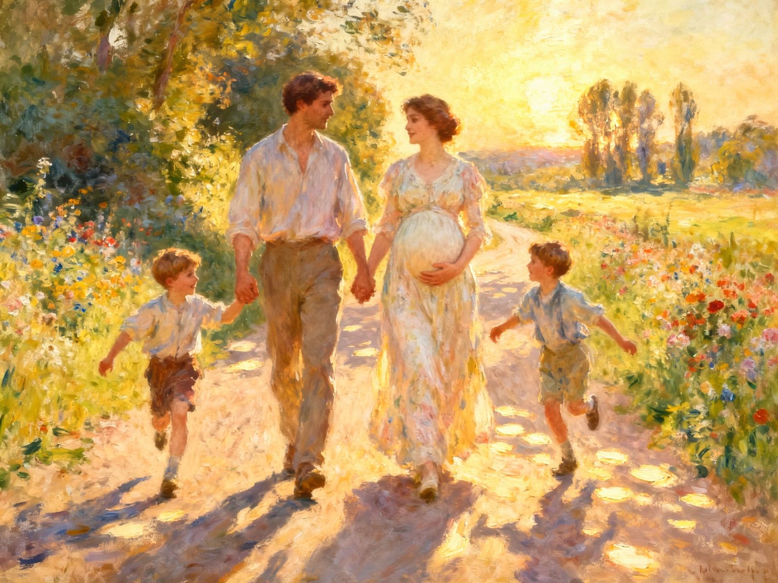 Happy Family Walking on Flower-Filled Country Road