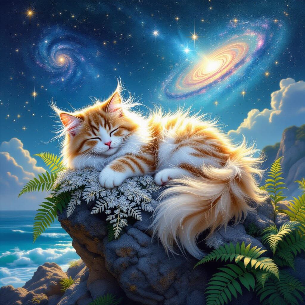 Fantasy Kitten Sleeping Among Stars and Nebulae