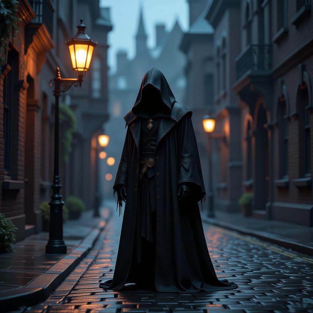 Victorian Street Scene with Cloaked Figure in 3D