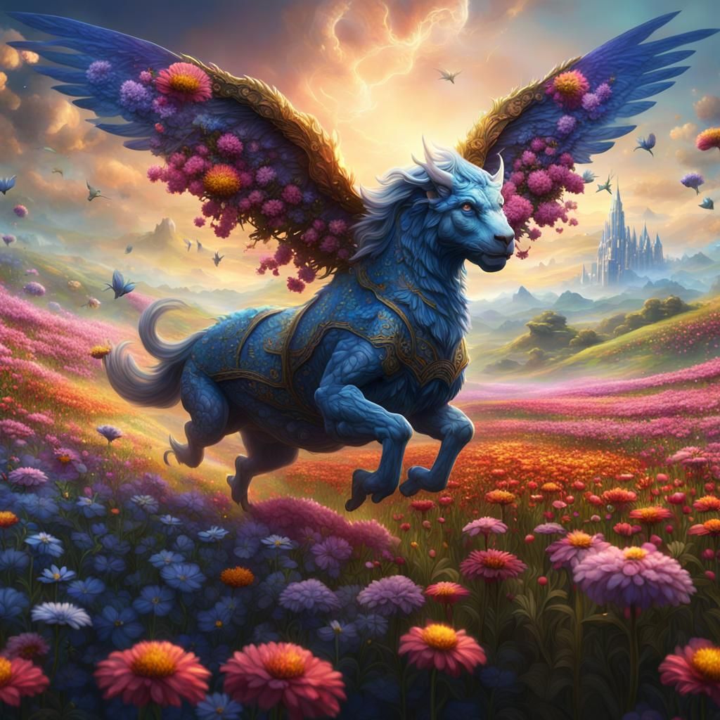 Majestic Creature Soaring Over Flower Field