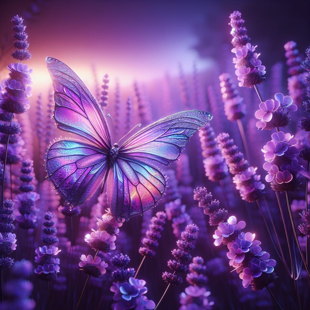 Iridescent Butterfly on Lavender Flowers at Twilight