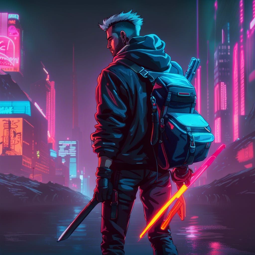 Cyberpunk Warrior with Katana in Neon City