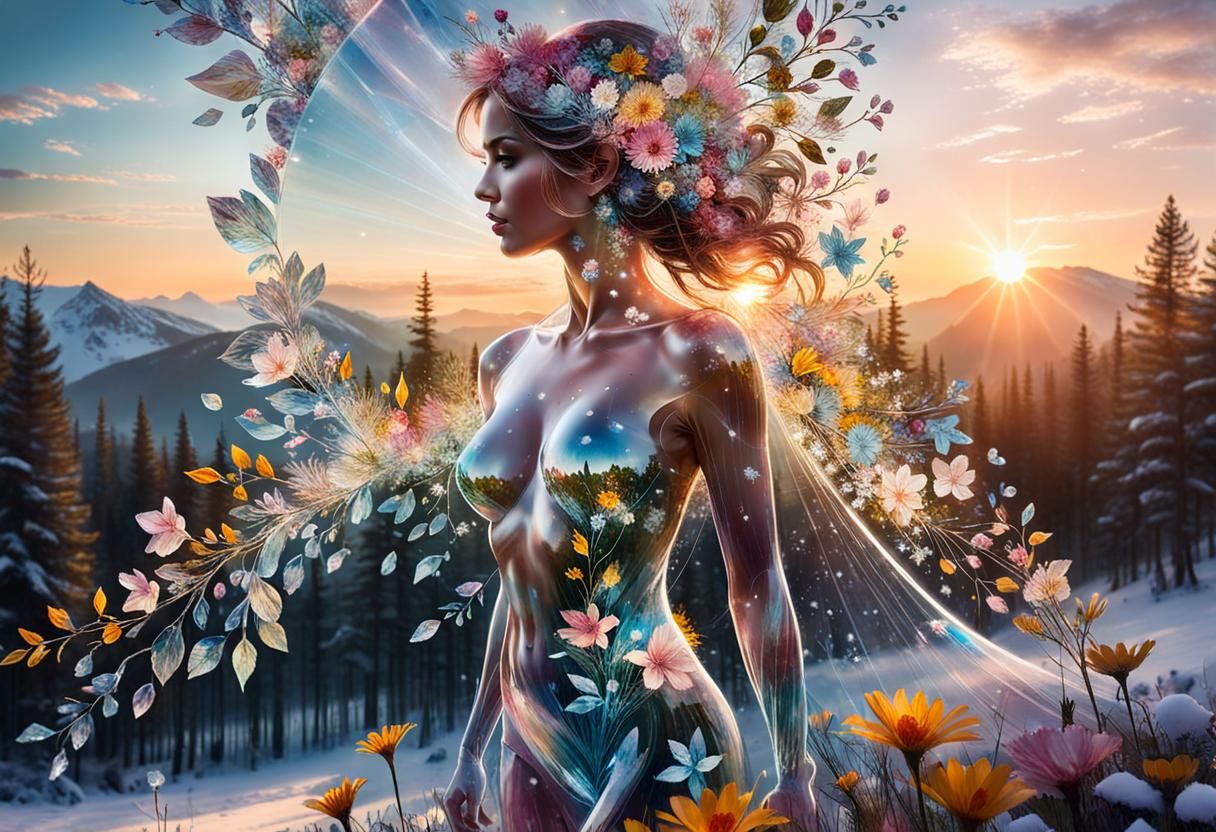 Crystalline Woman in Snowy Forest, Psychedelic Art