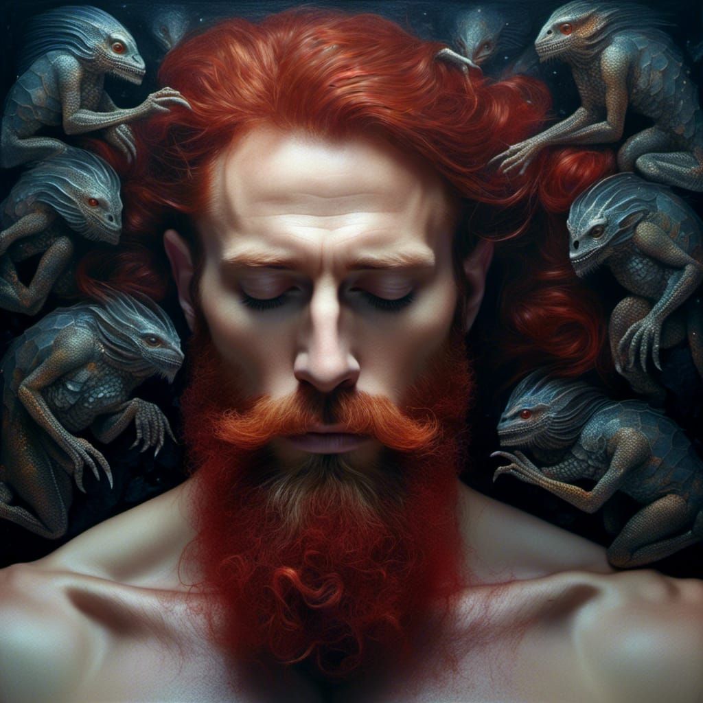 Noir Oil Portrait of Tired Man with Red Beard