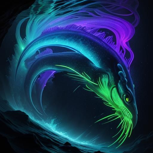 Bioluminescent Squid in Underwater Cave: Digital Art