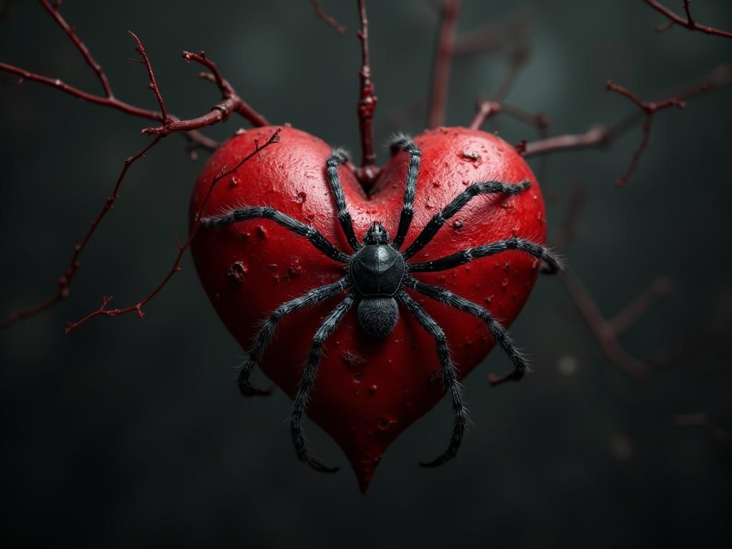 Blood Red Heart Home to Black Widow Spider