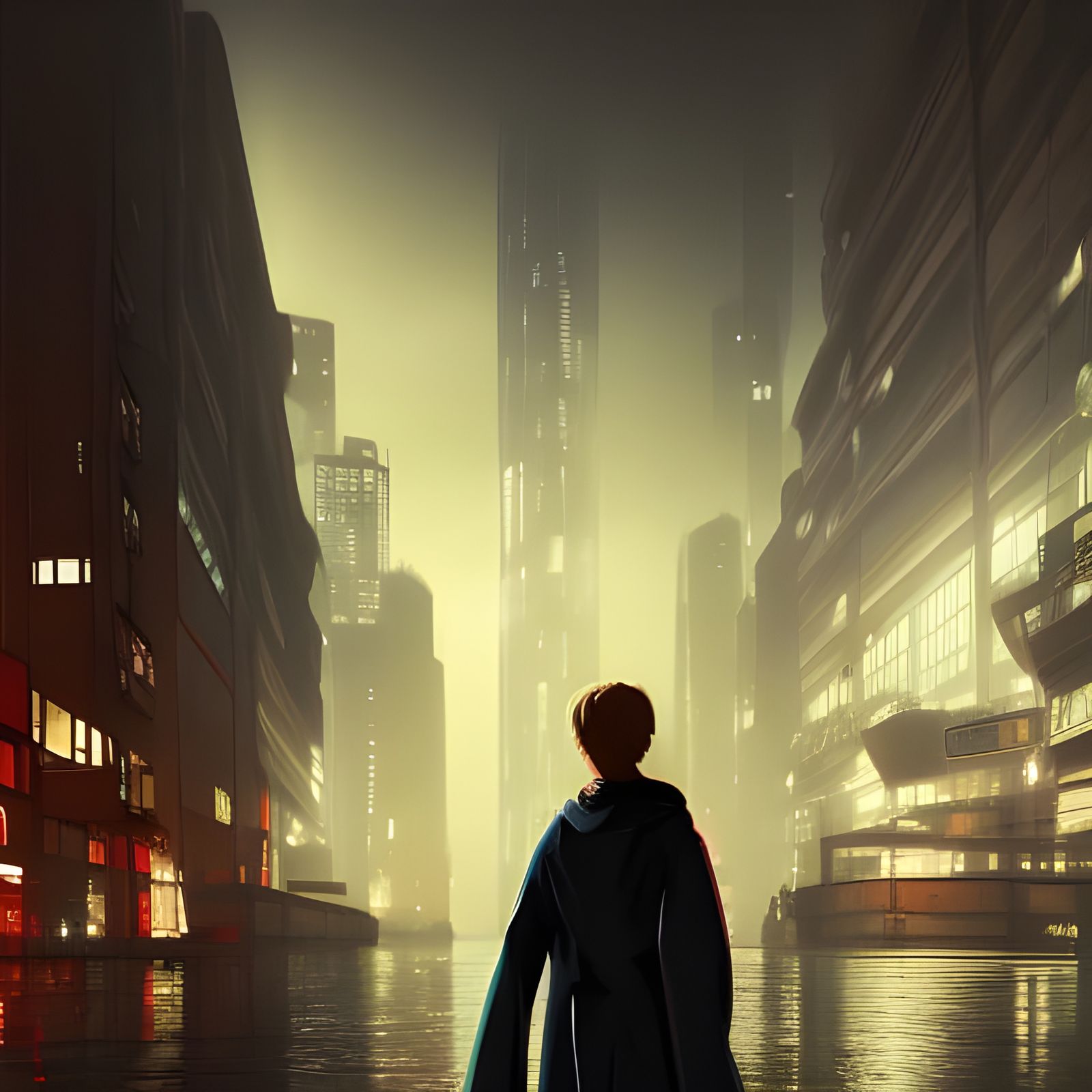 Cyberpunk Cityscape: Katana-Wielding Figure in Red Coat