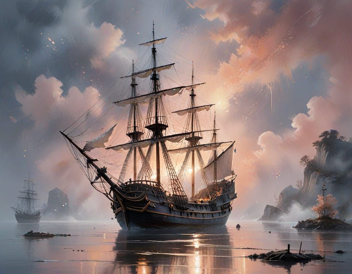 Moonlit Harbor Pirate Ship in Jean Haines Style