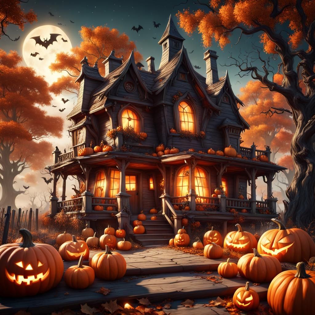 Halloween Witch House with Pumpkins and Ghosts
