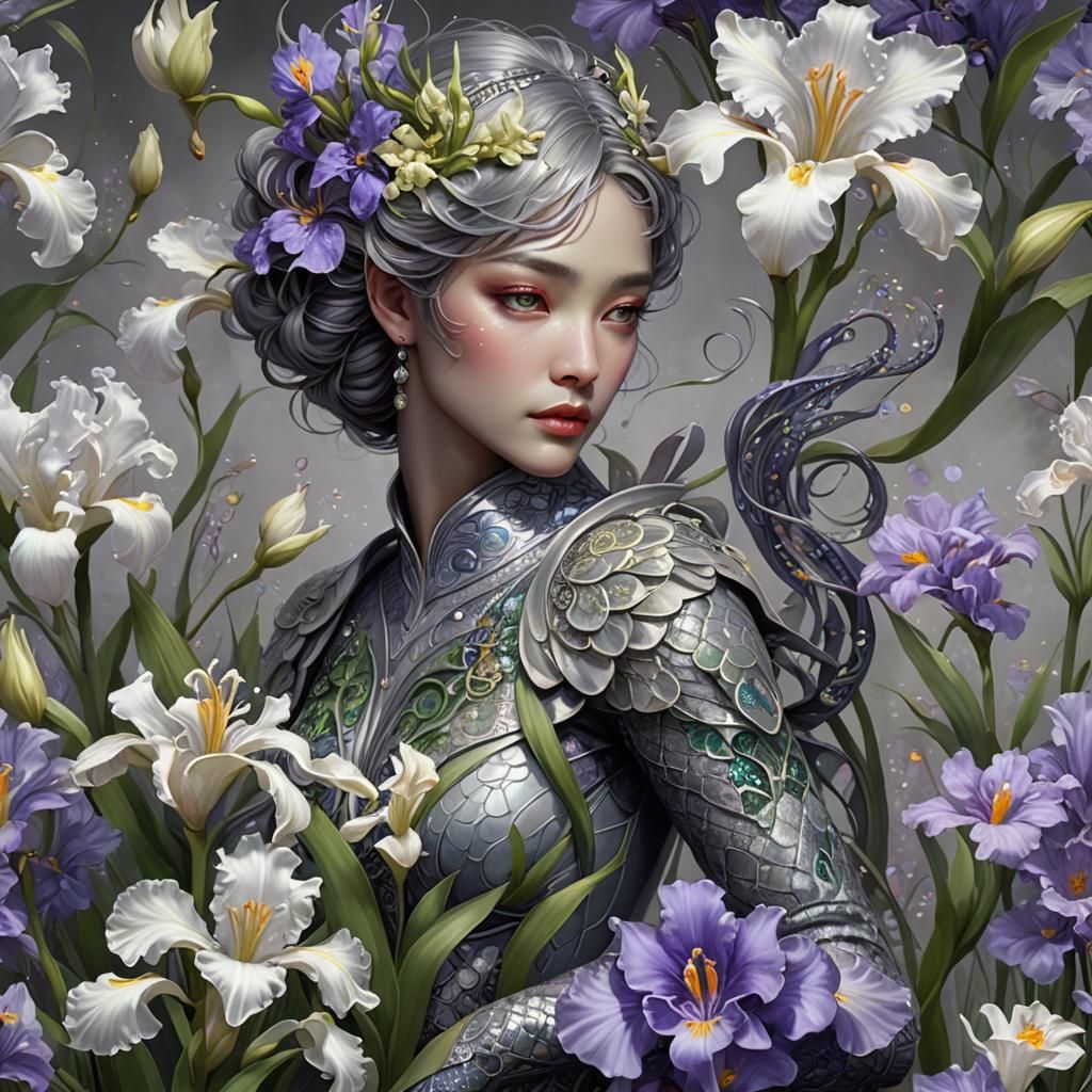 Dragoness Protecting Flowers: An Art Deco Digital Painting