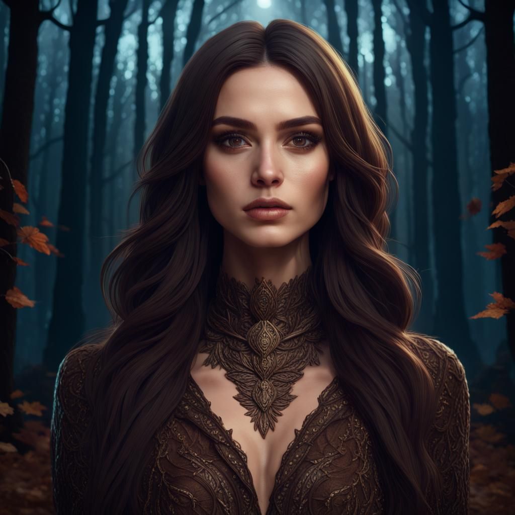 Autumn Night Portrait: Beautiful Woman in Dark Forest