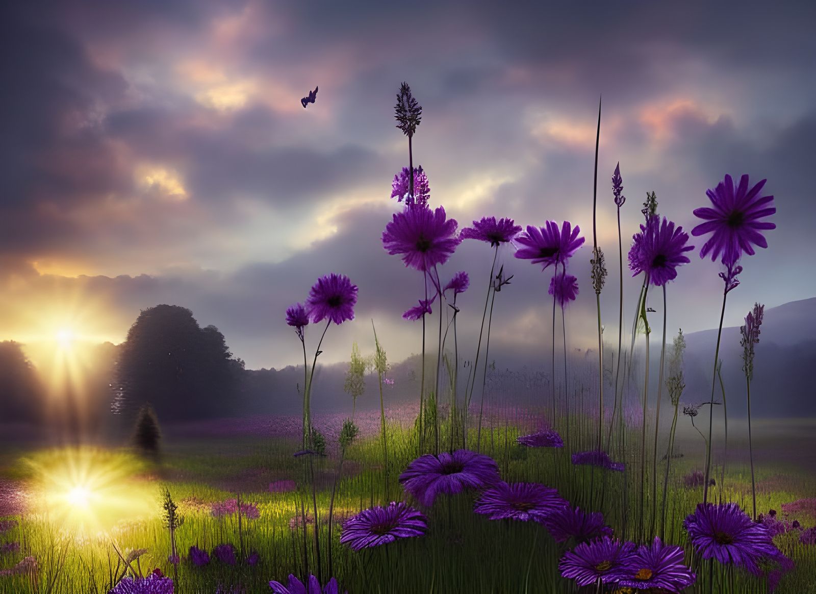 Sunrise Flower Meadow: Detailed Fantasy Art
