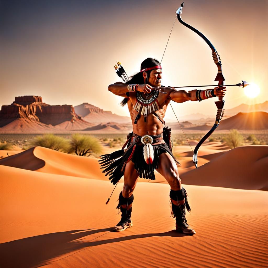 Realistic Apache Warrior Aiming Bow in Desert