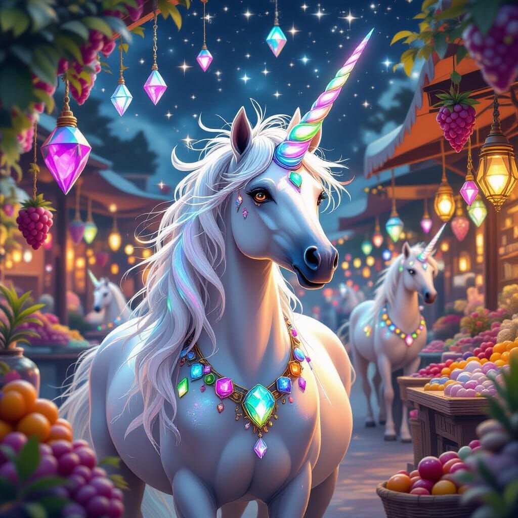 Shimmering Alien Marketplace with Unicorn-like Beings