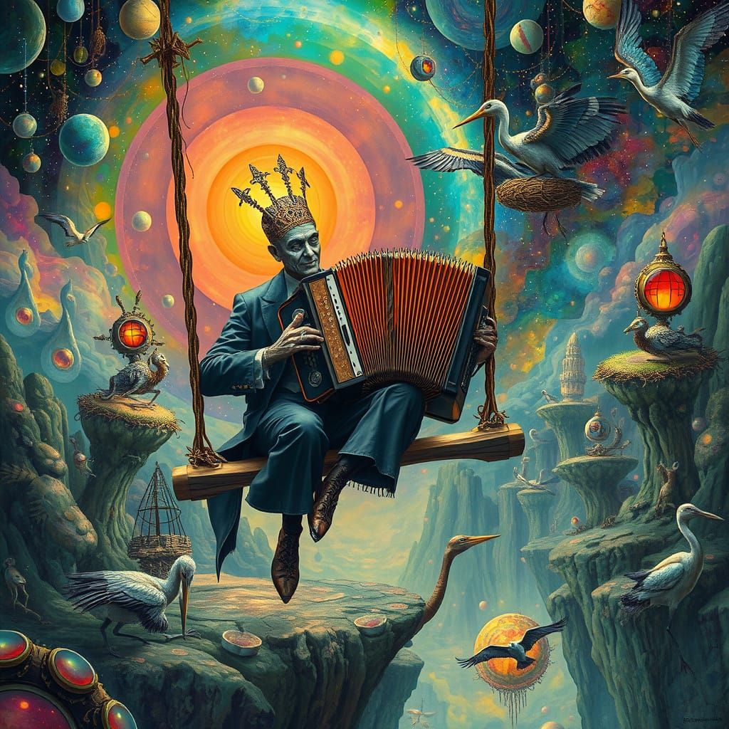 Surreal Accordionist at Galaxy's End in Psychedelic Style