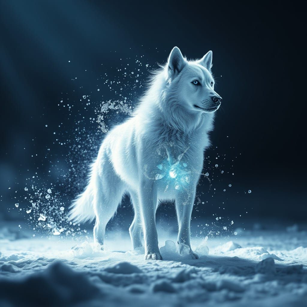 Ethereal Disintegration of a Majestic White Dog in a Winter...