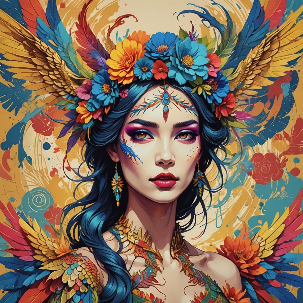 Rainbow Dragon Woman with Flower Crown as Pop Art