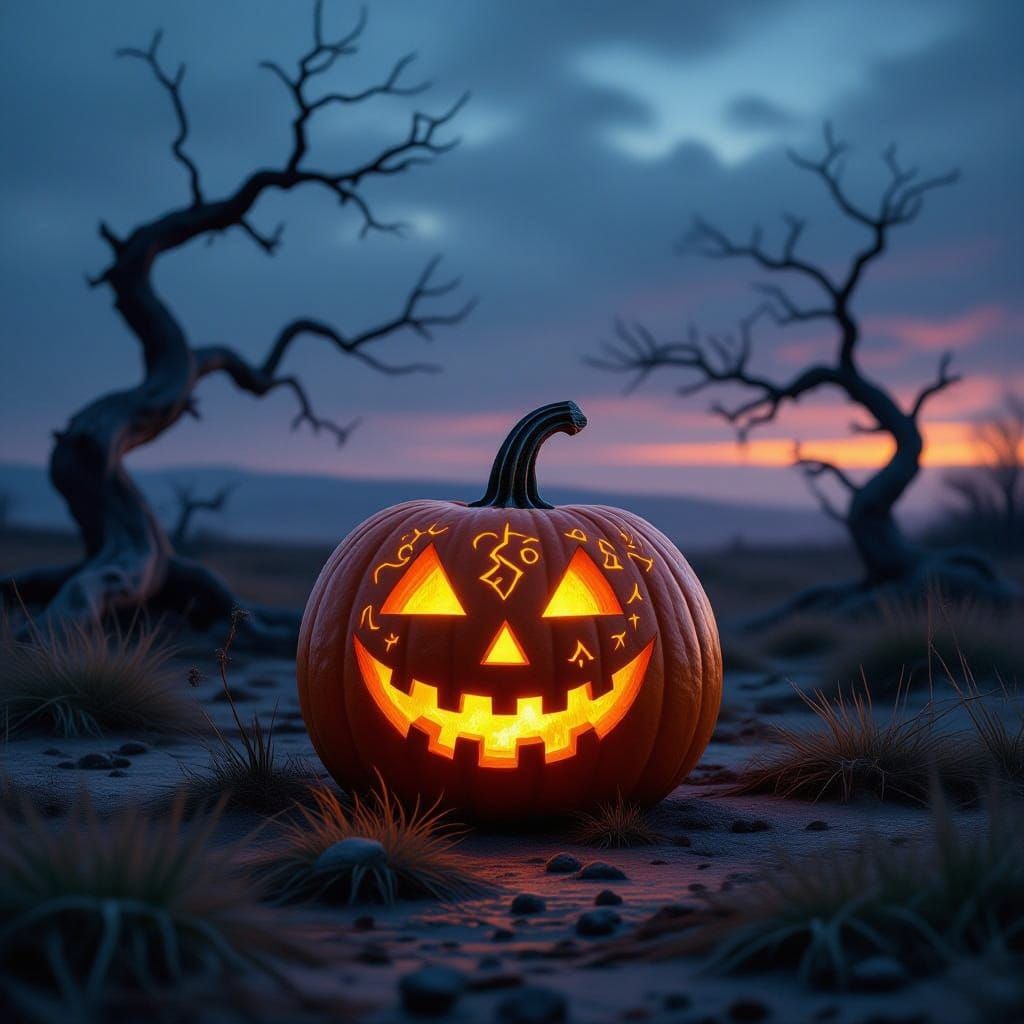 Ancient Glowing Pumpkin on Windswept Moor