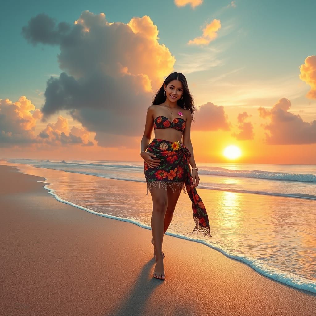 Exotic Island Goddess Strolls on Sunset Beach