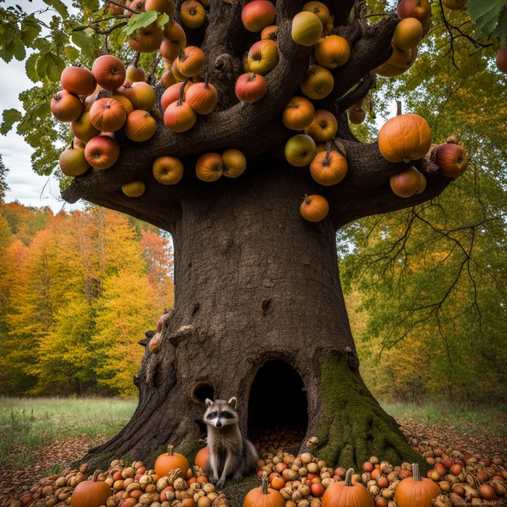 Raccoon atop Harvest-Filled Hollow Tree