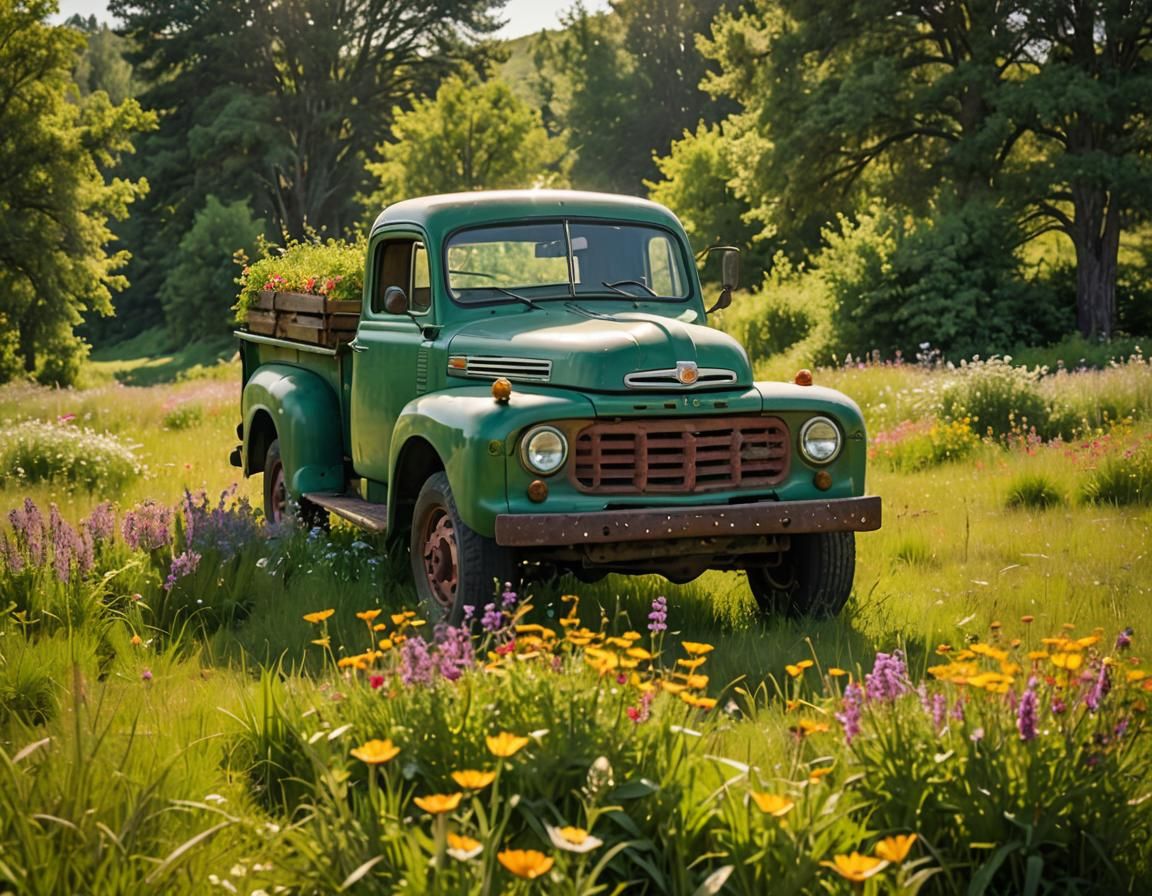 Vintage Truck in Lush Meadow: Rustic Photography