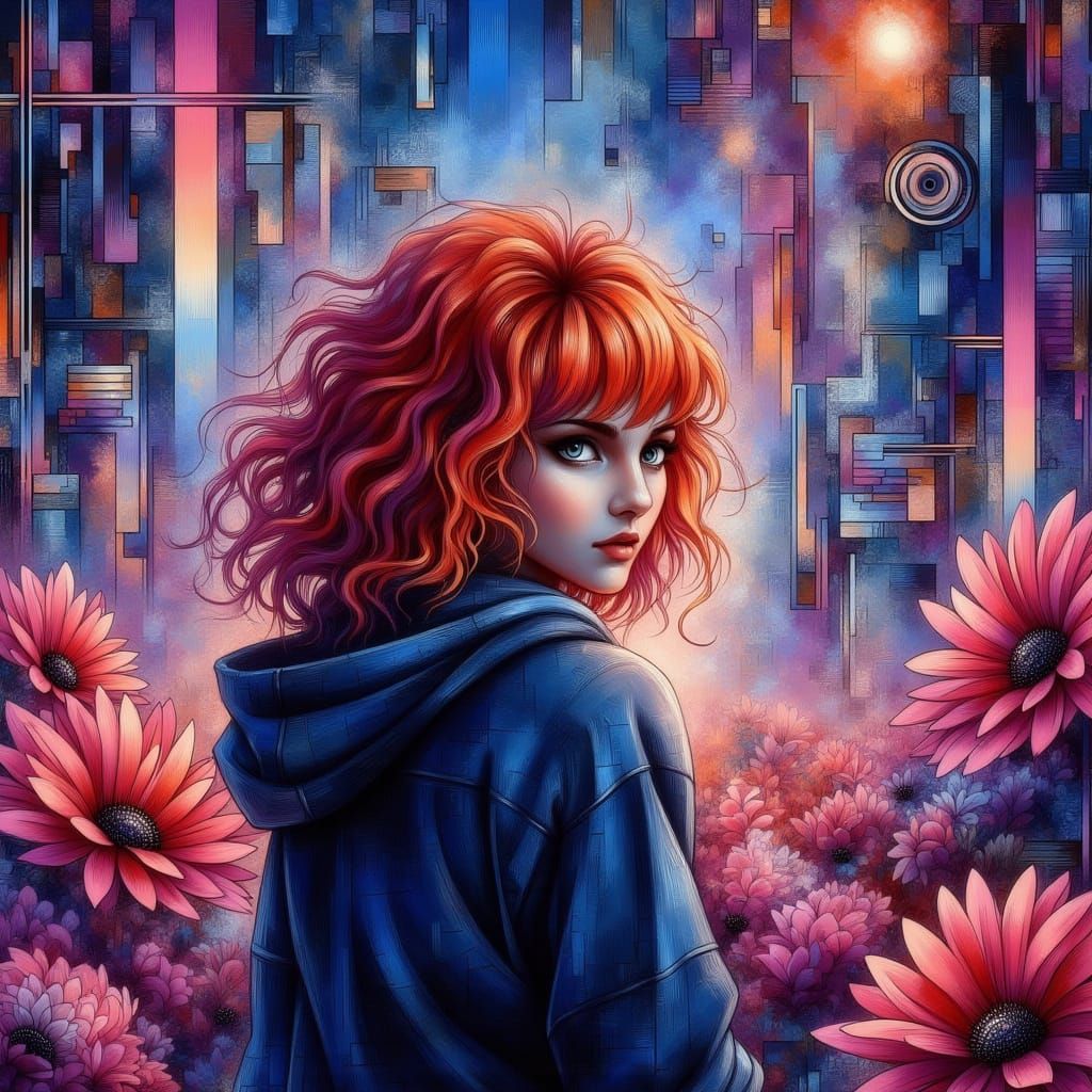 Synthwave Cityscape With Woman and Flowers