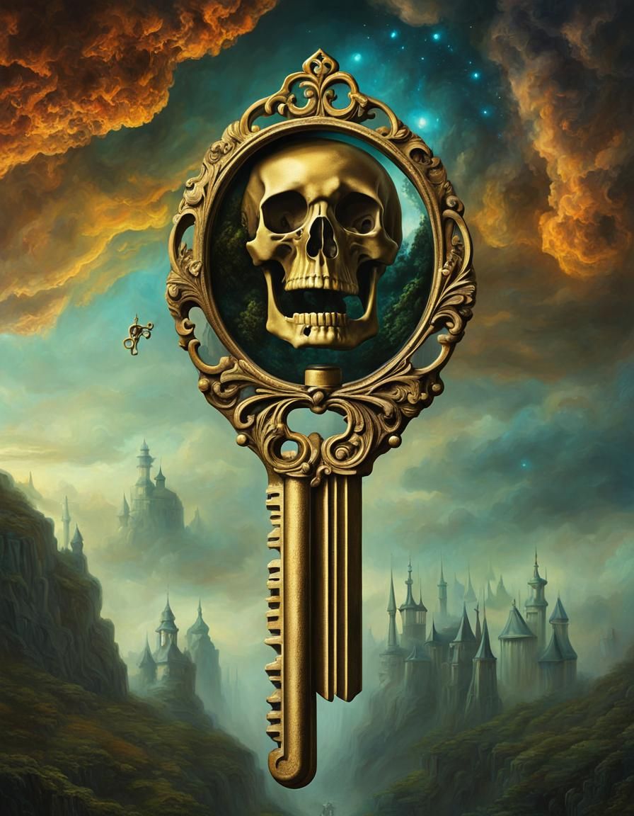 Antique Key Falls Into Wonderland: Surreal Oil Painting