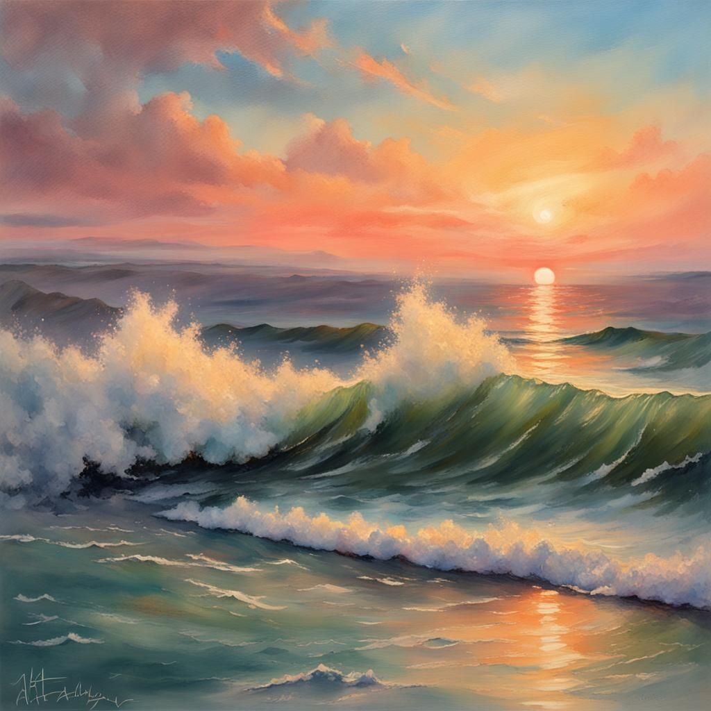 Tranquil Sunset Seascape in Impressionist Gouache Style