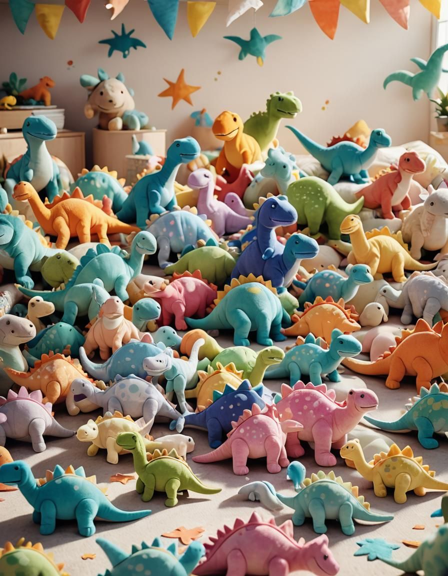 Vibrant Plushie Dinosaurs in a Joyful Kids Room