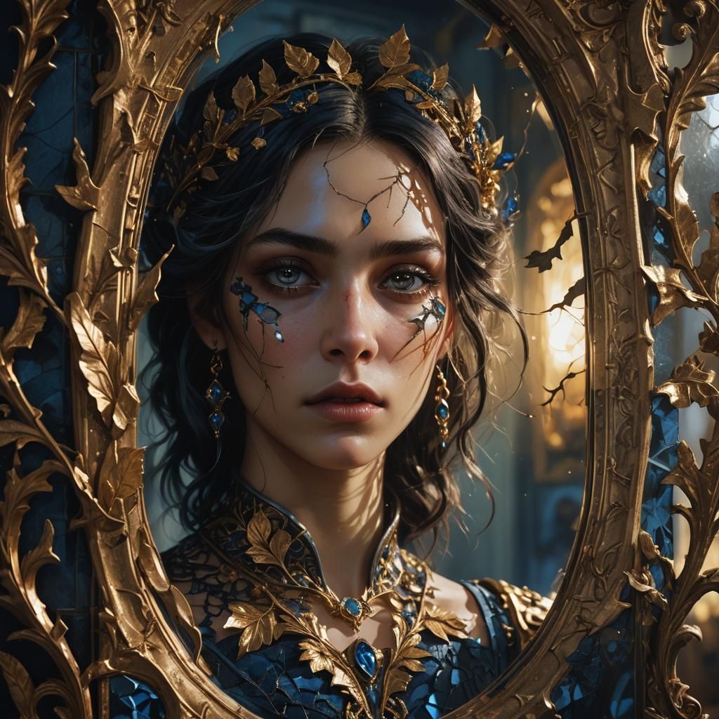 Ornate Mirror Reflecting Fleeting Shadow in Fantasy Art