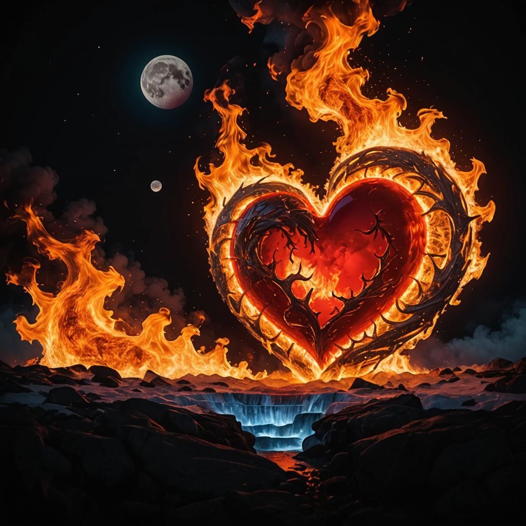 Fiery Heart Encased in Ice Under Giant Moon