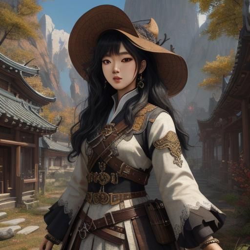 Korean girl with black curly hair and dark brown eyes