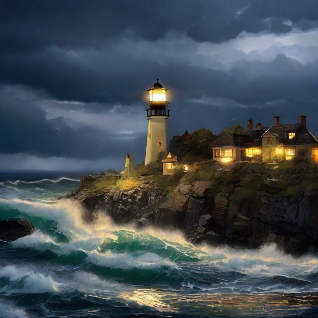 Coastal Village Lighthouse Guiding Through Stormy Twilight