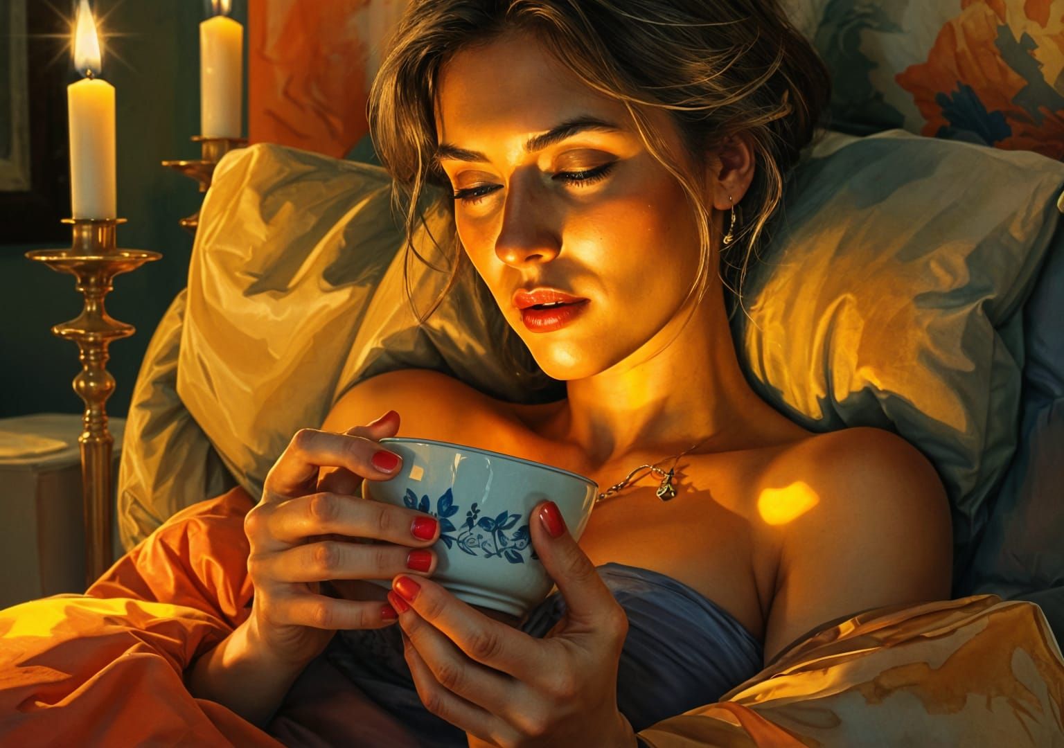 Intricate Watercolor of Quiet Evening with Tea