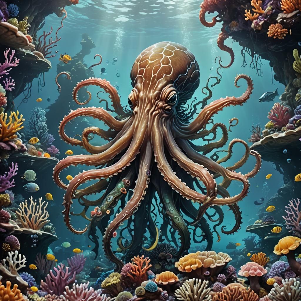 Fictional Tentacled Creature in a Coral Reef
