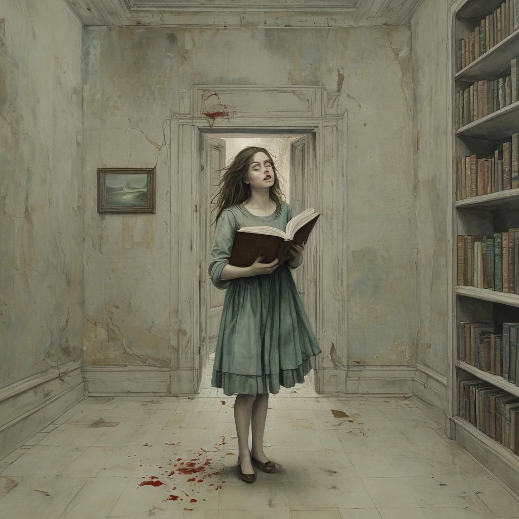 Ethereal Specter Reading in Library, Mixed Media Art