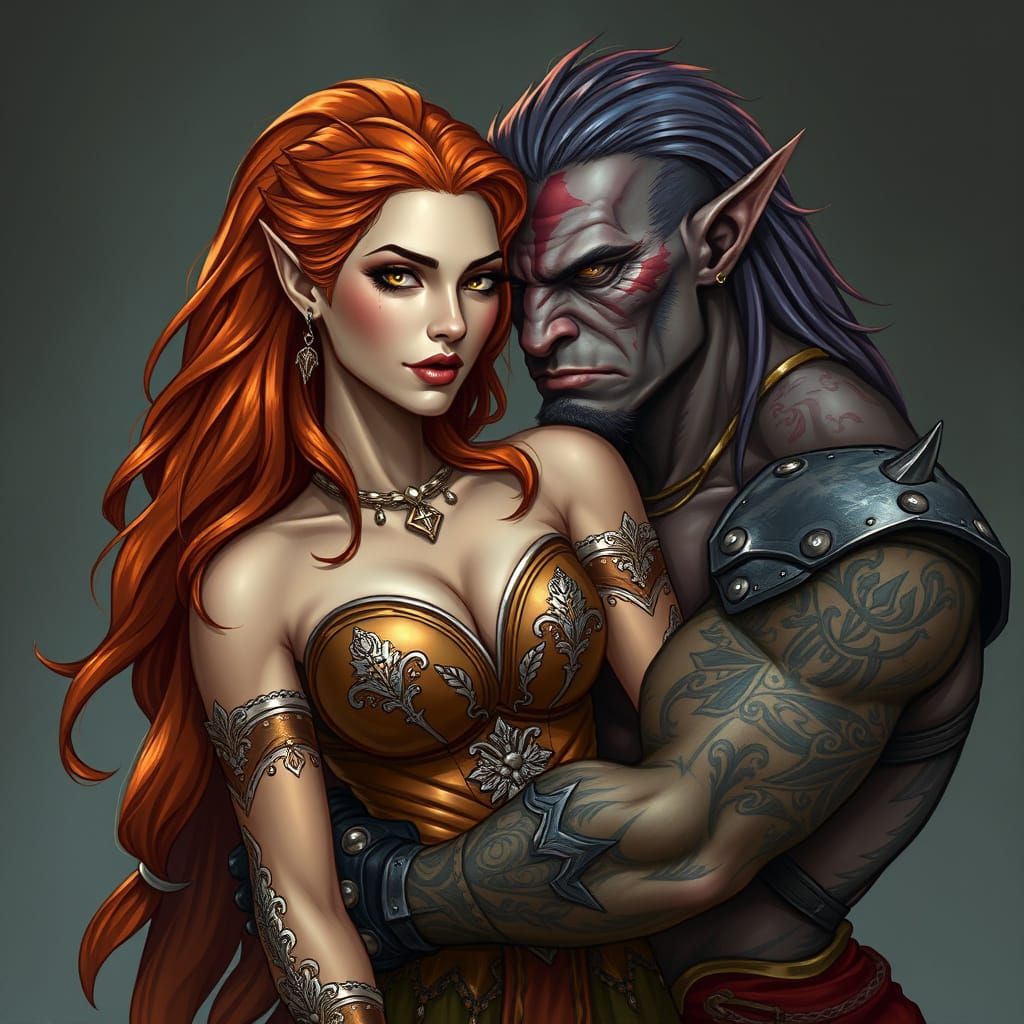 Bronze Beauty Embraced by Blue-Haired Orc in Regal Fantasy P...
