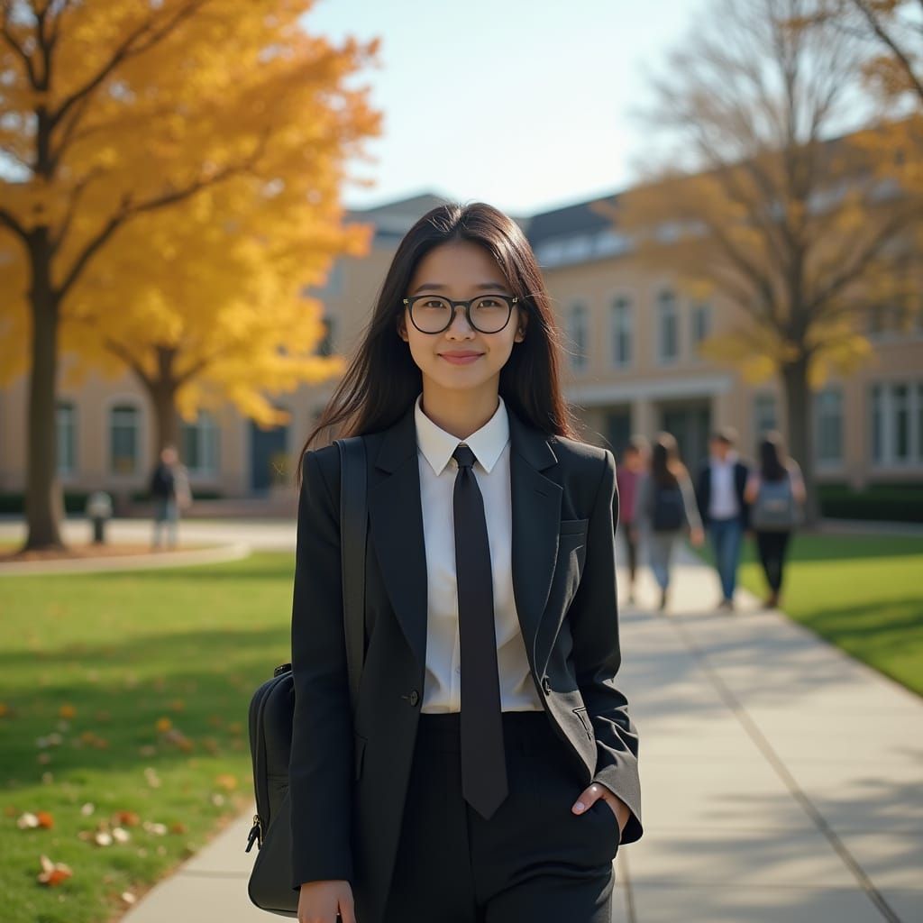 Young Asian American Woman in Business Attire on University ...