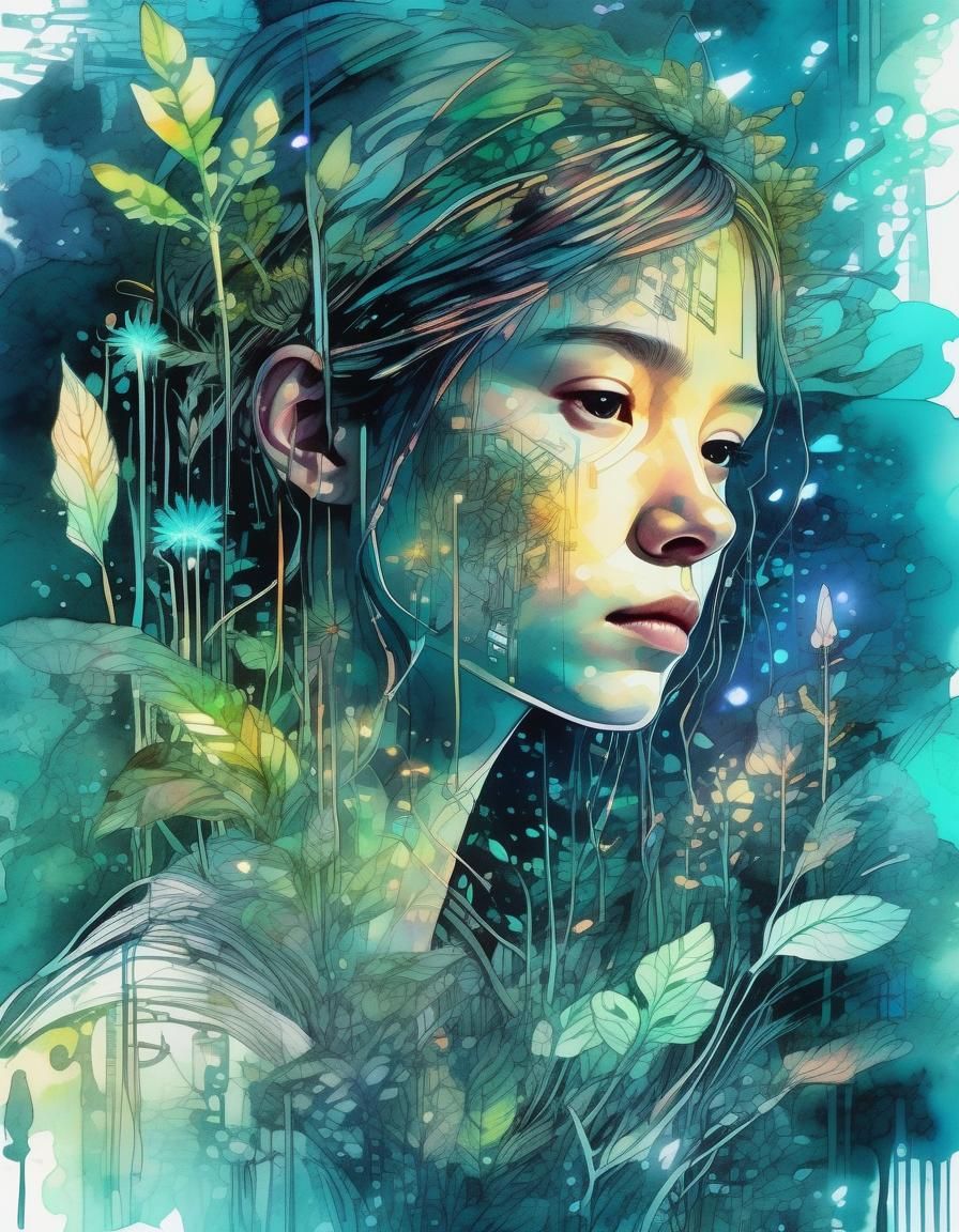 Bioluminescent Electronic Plants in Digital Watercolor Style