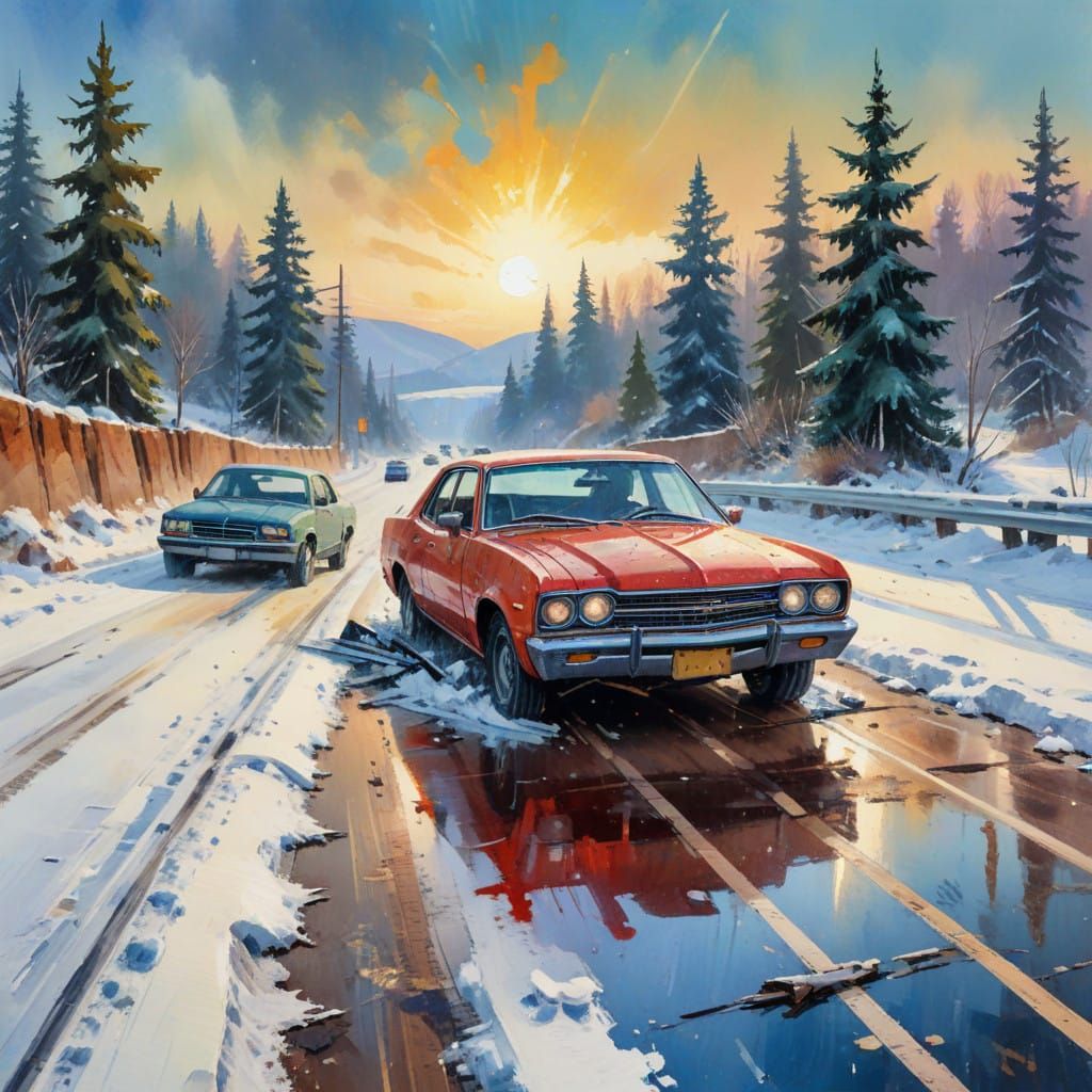 Epic Snowy Highway Catastrophe in Impressionist Gouache