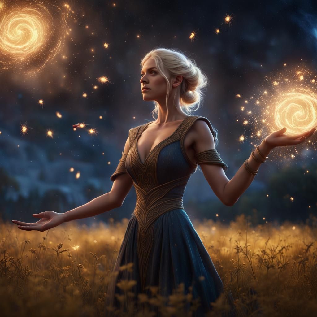 Sorceress Drawing Earth Energy at Night