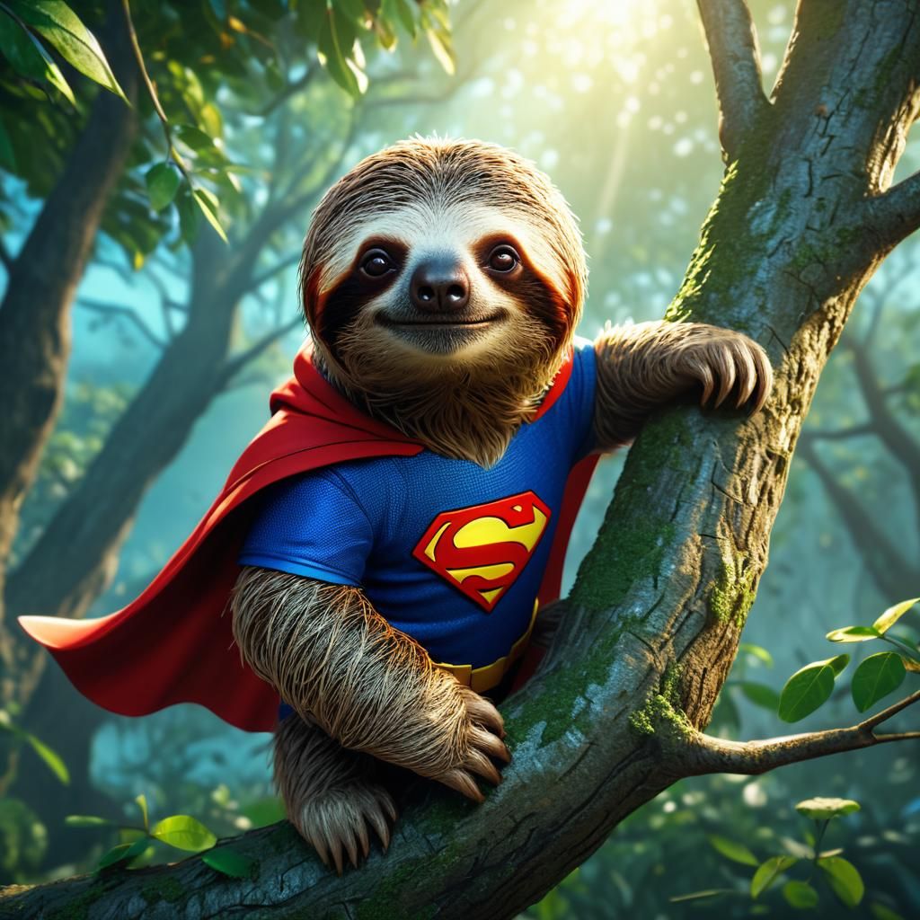 Superhero Sloth in Tree, Detailed Matte Painting