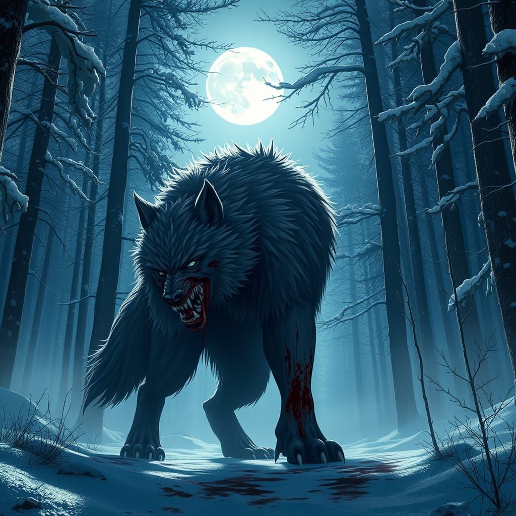 Bloodied Winter Werewolf Under Moonlit Forest Canopy